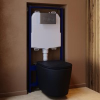 Matt Black Wall Hung Rimless Toilet with Soft Close Seat, Chrome Mechanical Flush Plate, 1168mm Frame & Cistern – Verona