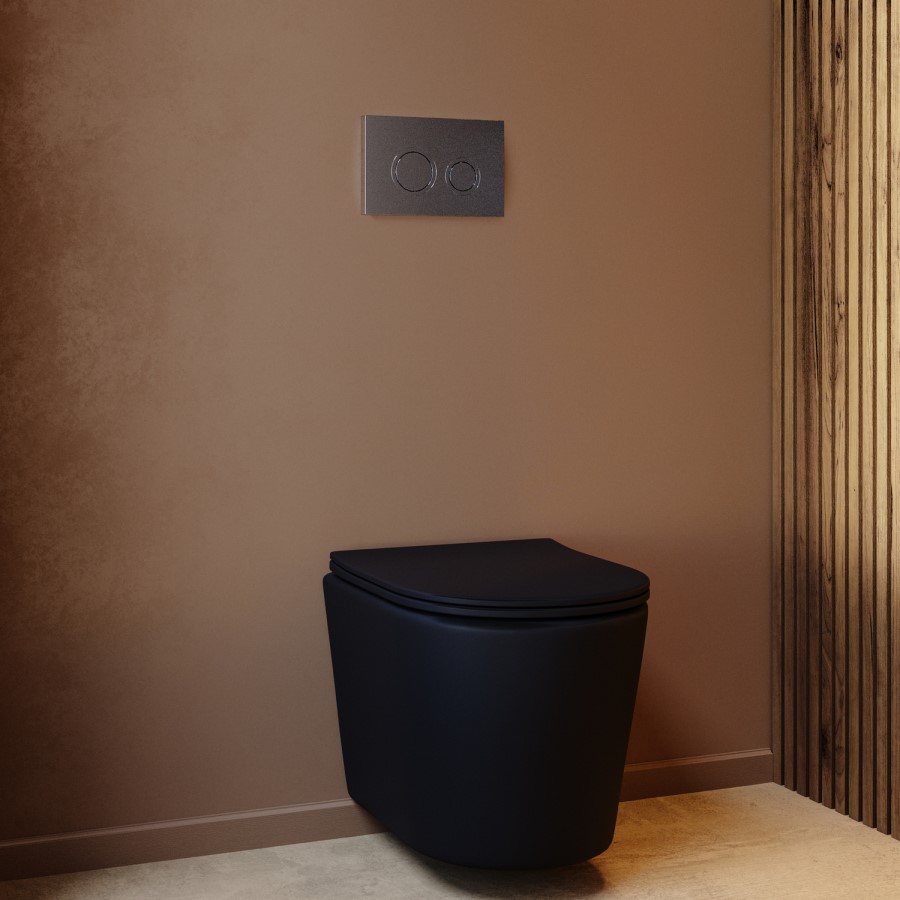 Matt Black Wall Hung Rimless Toilet with Soft Close Seat, Chrome Mechanical Flush Plate, 1168mm Frame & Cistern – Verona