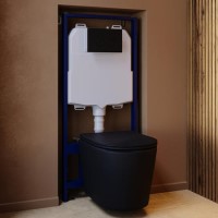 Matt Black Wall Hung Rimless Toilet with Soft Close Seat, Black Mechanical Flush Plate, 1168mm Frame & Cistern – Verona