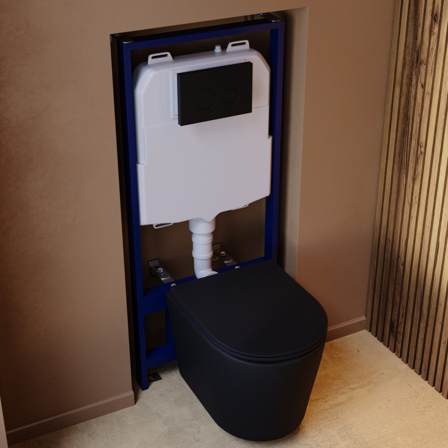 Matt Black Wall Hung Rimless Toilet with Soft Close Seat, Black Mechanical Flush Plate, 1168mm Frame & Cistern – Verona