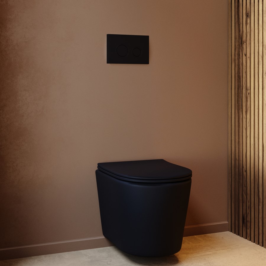 Matt Black Wall Hung Rimless Toilet with Soft Close Seat, Black Mechanical Flush Plate, 1168mm Frame & Cistern – Verona
