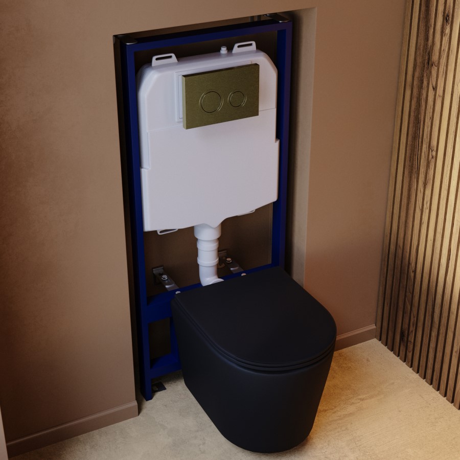 Matt Black Wall Hung Rimless Toilet with Soft Close Seat, Brushed Brass Mechanical Flush Plate, 1168mm Frame & Cistern – Verona
