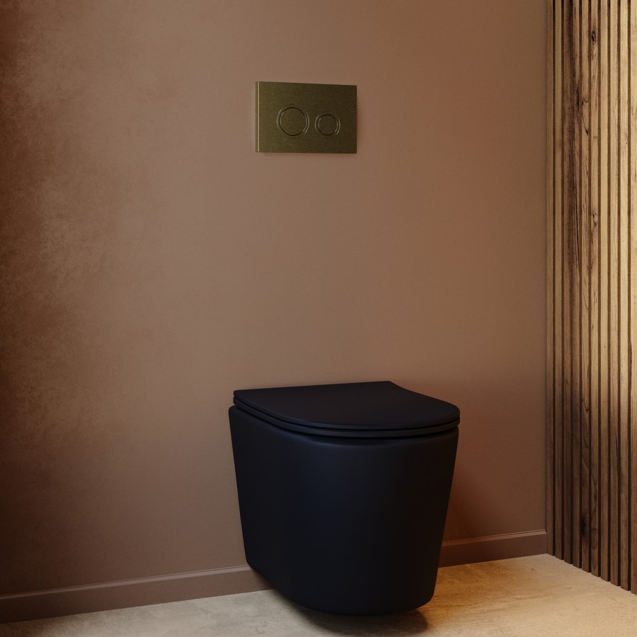 Matt Black Wall Hung Rimless Toilet with Soft Close Seat, Brushed Brass Mechanical Flush Plate, 1168mm Frame & Cistern – Verona