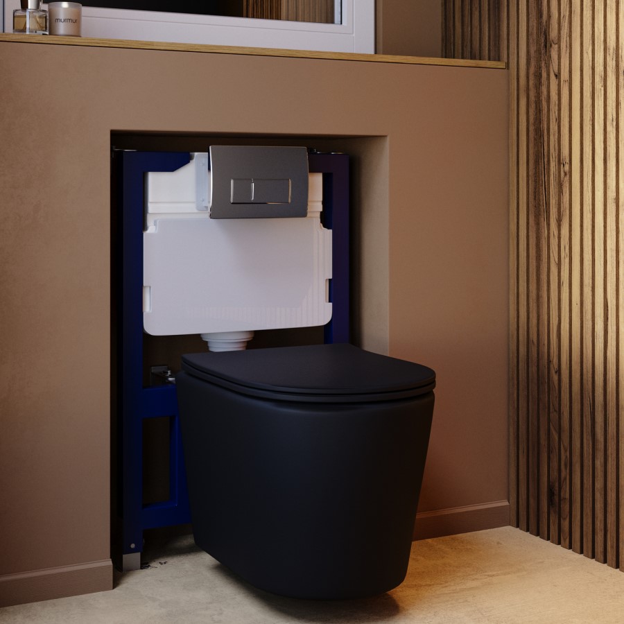 Matt Black Wall Hung Rimless Toilet with Soft Close Seat, Chrome Pneumatic Flush Plate, 820mm Frame & Cistern – Verona