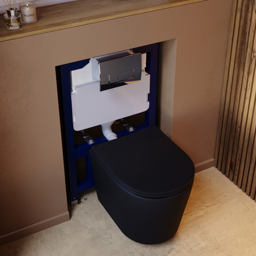 Matt Black Wall Hung Rimless Toilet with Soft Close Seat, Chrome Pneumatic Flush Plate, 820mm Frame & Cistern – Verona