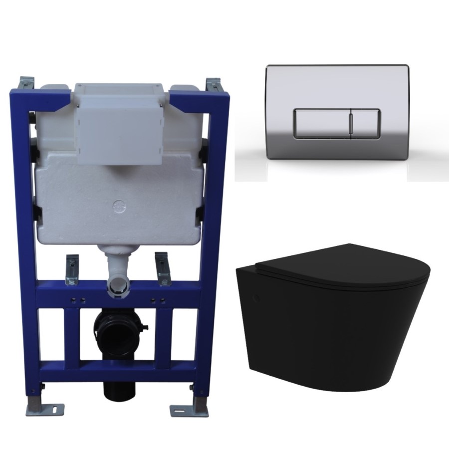 Matt Black Wall Hung Rimless Toilet with Soft Close Seat, Chrome Pneumatic Flush Plate, 820mm Frame & Cistern – Verona