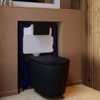 Matt Black Wall Hung Rimless Toilet with Soft Close Seat, Black Pneumatic Flush Plate, 820mm Frame & Cistern – Verona
