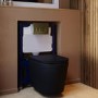 Matt Black Wall Hung Rimless Toilet with Soft Close Seat, Brushed Brass Pneumatic Flush Plate, 820mm Frame & Cistern – Verona