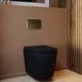Matt Black Wall Hung Rimless Toilet with Soft Close Seat, Brushed Brass Pneumatic Flush Plate, 820mm Frame & Cistern – Verona