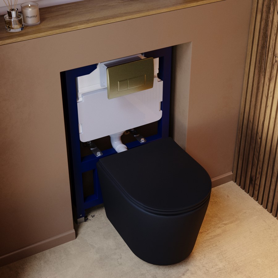 Matt Black Wall Hung Rimless Toilet with Soft Close Seat, Brushed Brass Pneumatic Flush Plate, 820mm Frame & Cistern – Verona