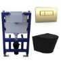 Matt Black Wall Hung Rimless Toilet with Soft Close Seat, Brushed Brass Pneumatic Flush Plate, 820mm Frame & Cistern – Verona