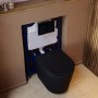 Matt Black Wall Hung Rimless Toilet with Soft Close Seat, White Glass Sensor Flush Plate, 820mm Frame & Cistern – Verona