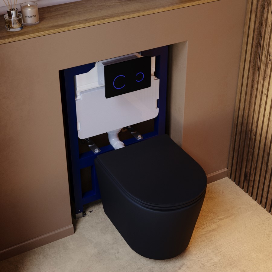 Matt Black Wall Hung Rimless Toilet with Soft Close Seat, White Glass Sensor Flush Plate, 820mm Frame & Cistern – Verona