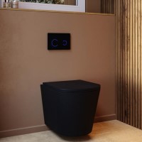 Matt Black Wall Hung Rimless Toilet with Soft Close Seat, Black Glass Sensor Flush Plate, 820mm Frame & Cistern – Verona