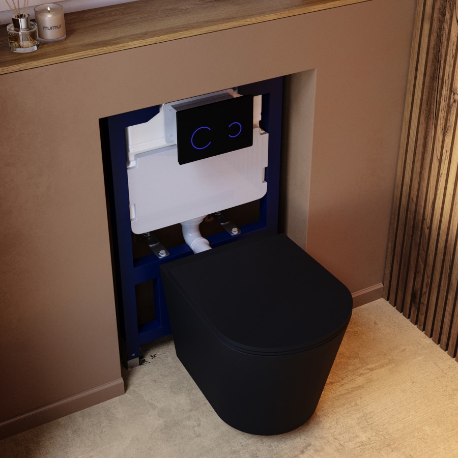 Matt Black Wall Hung Rimless Toilet with Soft Close Seat, Black Glass Sensor Flush Plate, 820mm Frame & Cistern – Verona