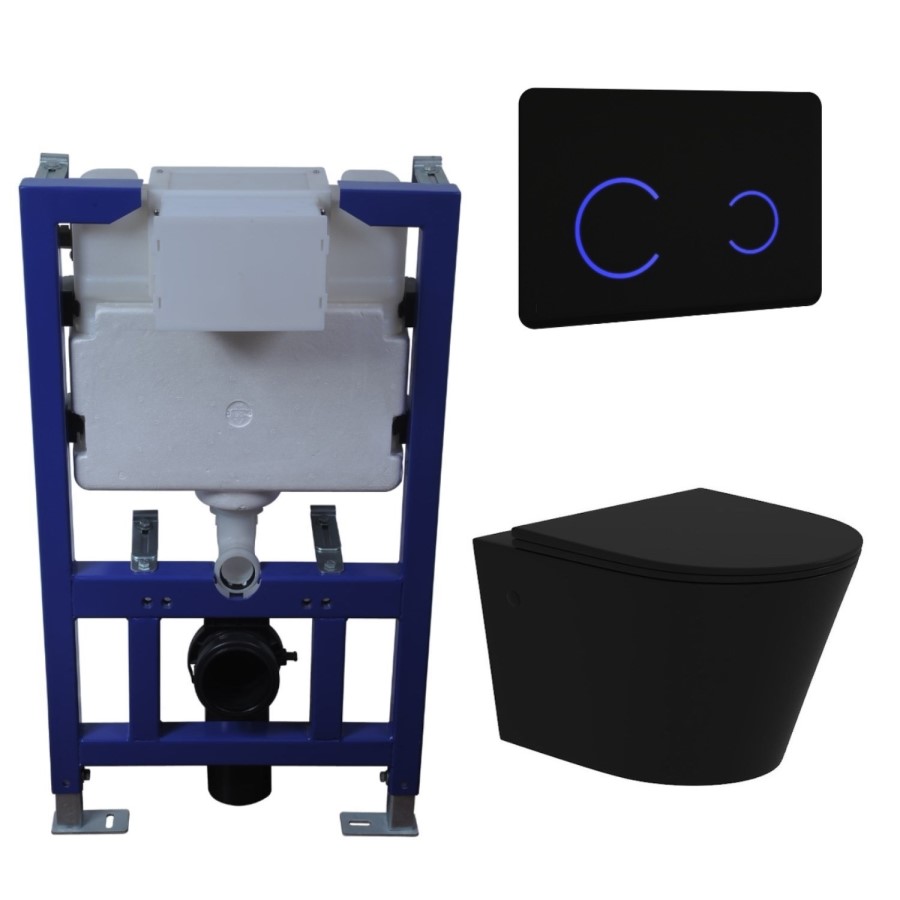 Matt Black Wall Hung Rimless Toilet with Soft Close Seat, Black Glass Sensor Flush Plate, 820mm Frame & Cistern – Verona
