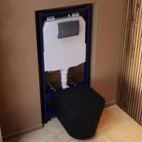 Matt Black Wall Hung Rimless Toilet with Soft Close Seat, Chrome Pneumatic Flush Plate, 1168mm Frame & Cistern – Verona