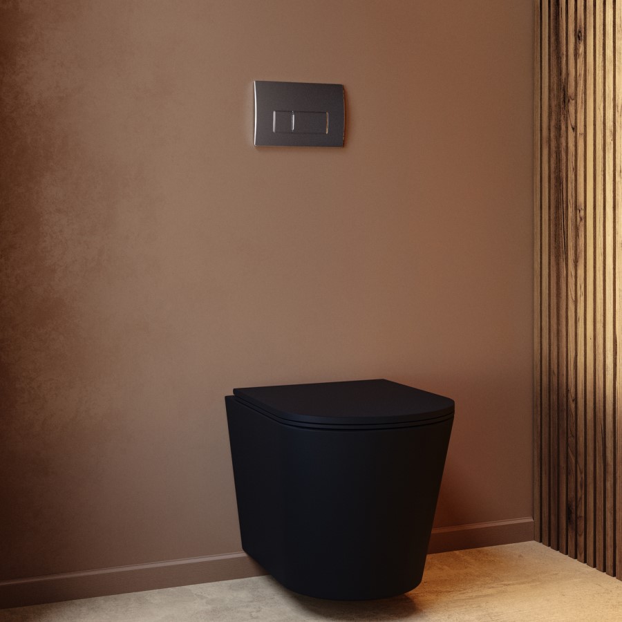 Matt Black Wall Hung Rimless Toilet with Soft Close Seat, Chrome Pneumatic Flush Plate, 1168mm Frame & Cistern – Verona