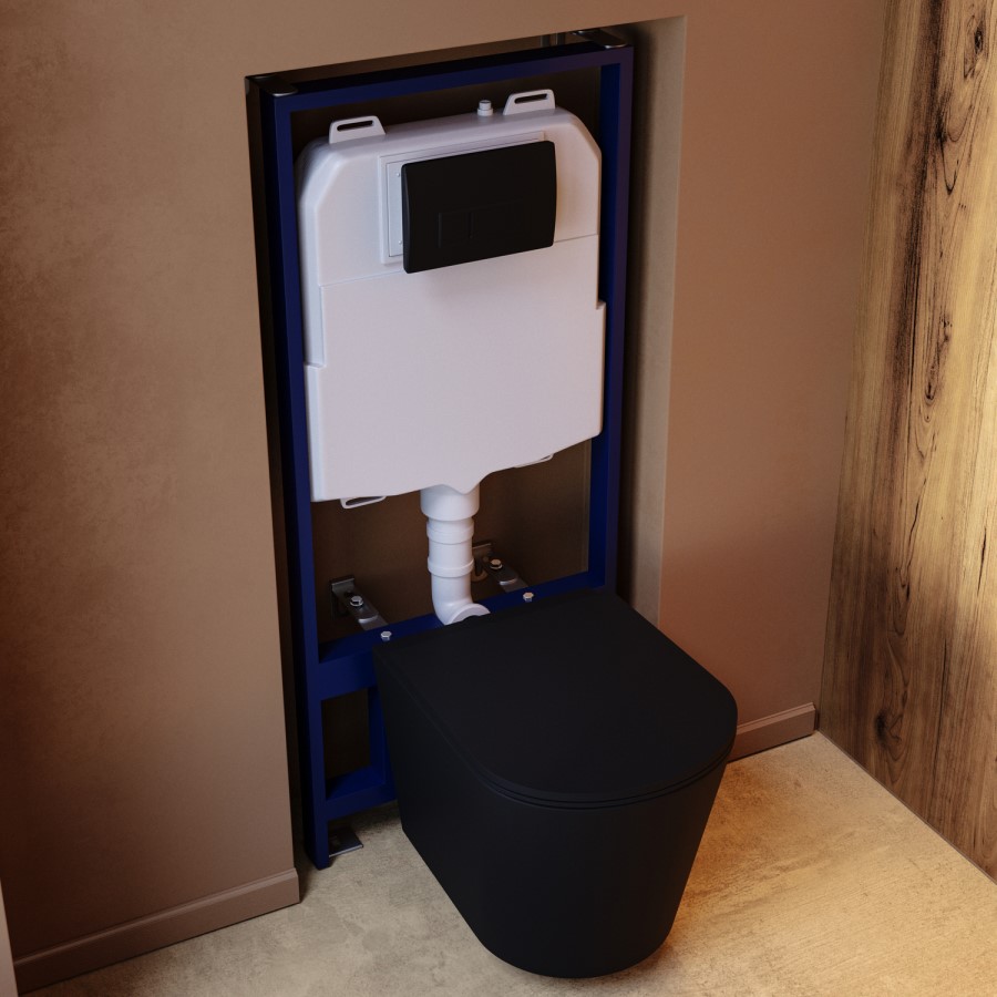 Matt Black Wall Hung Rimless Toilet with Soft Close Seat, Black Pneumatic Flush Plate, 1168mm Frame & Cistern – Verona