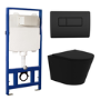Matt Black Wall Hung Rimless Toilet with Soft Close Seat, Black Pneumatic Flush Plate, 1168mm Frame & Cistern – Verona