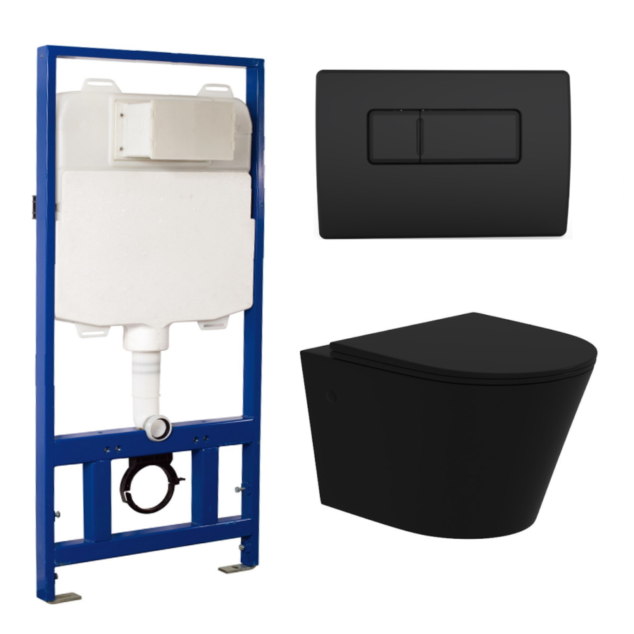 Matt Black Wall Hung Rimless Toilet with Soft Close Seat, Black Pneumatic Flush Plate, 1168mm Frame & Cistern – Verona