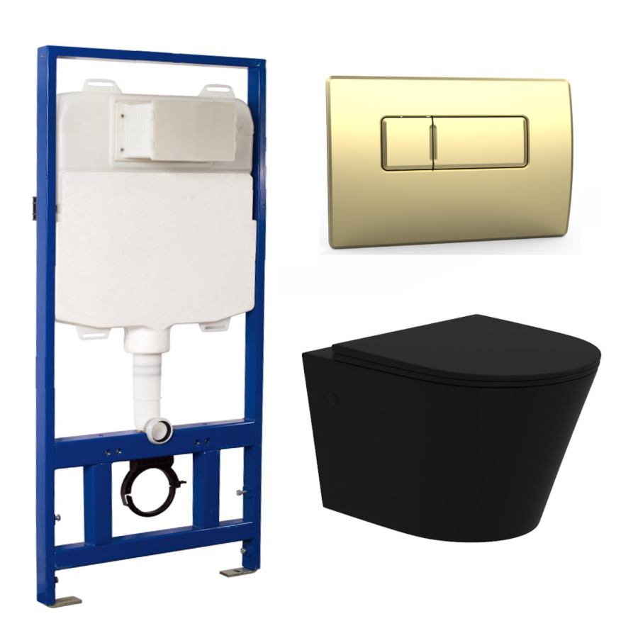 Matt Black Wall Hung Rimless Toilet Soft Close Seat, Brushed Brass Pneumatic Flush Plate, 1168mm Frame & Cistern – Verona