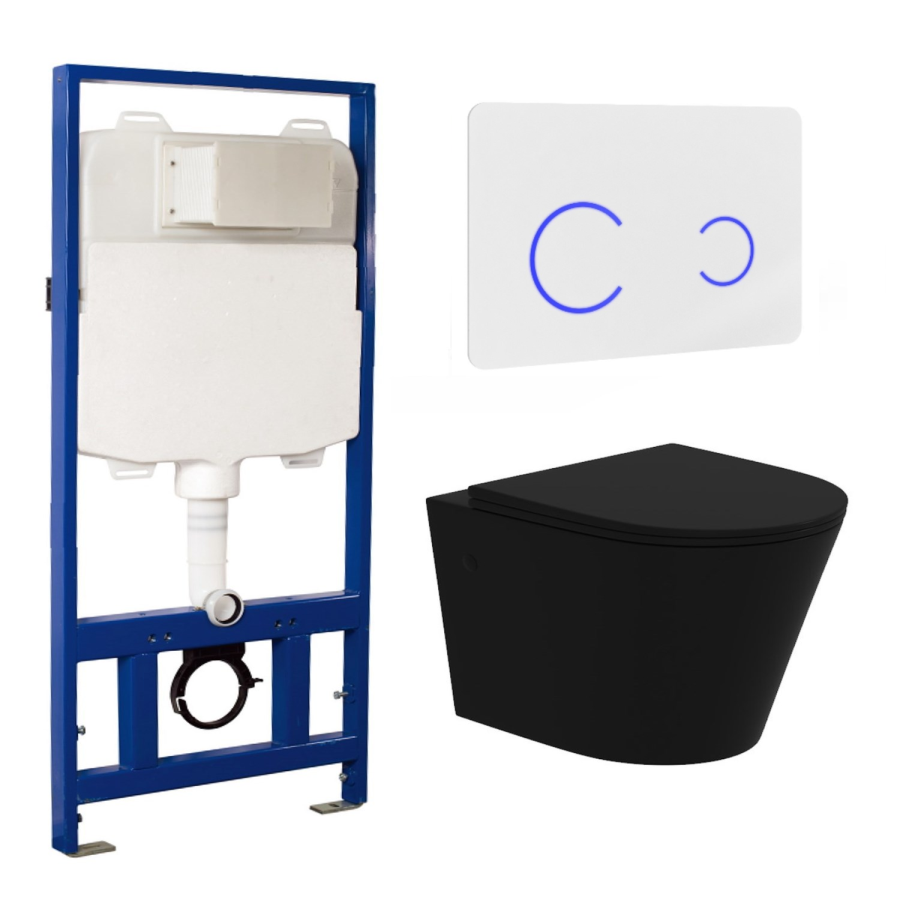 Matt Black Wall Hung Rimless Toilet with Soft Close Seat, White Glass Sensor Flush Plate, 1168mm Frame & Cistern – Verona