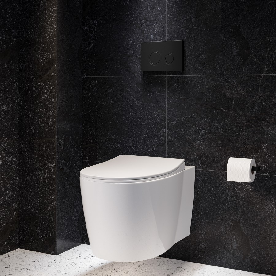 Wall Hung Rimless Toilet with Soft Close Seat, Black Mechnical Flush Plate, 1168mm Frame & Cistern – Alcor