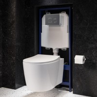 Wall Hung Rimless Toilet with Soft Close Seat, Chrome Mechanical Flush Plate, 1168mm Frame & Cistern – Alcor