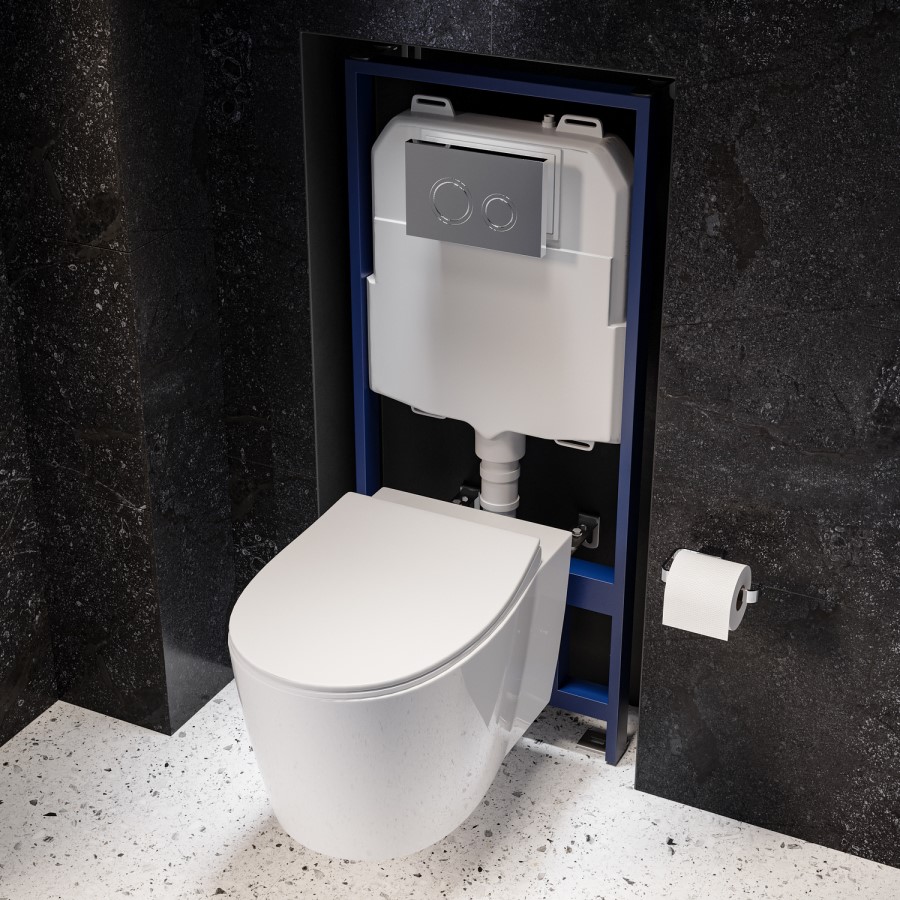 Wall Hung Rimless Toilet with Soft Close Seat, Chrome Mechanical Flush Plate, 1168mm Frame & Cistern – Alcor