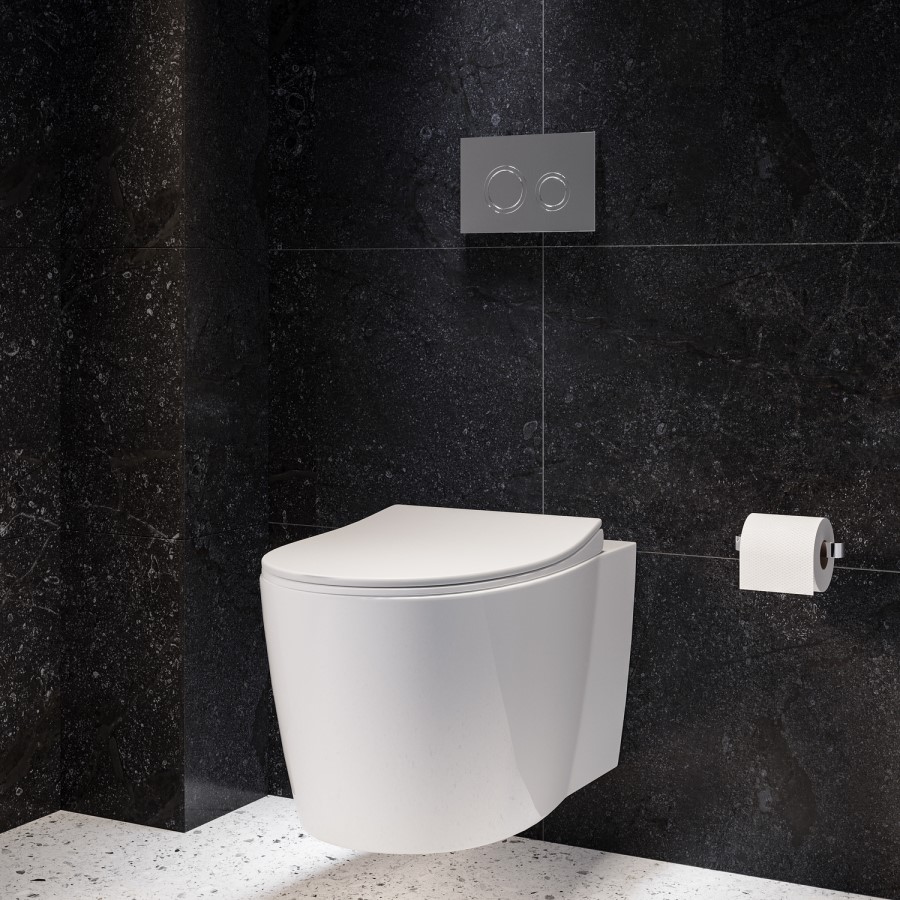 Wall Hung Rimless Toilet with Soft Close Seat, Chrome Mechanical Flush Plate, 1168mm Frame & Cistern – Alcor