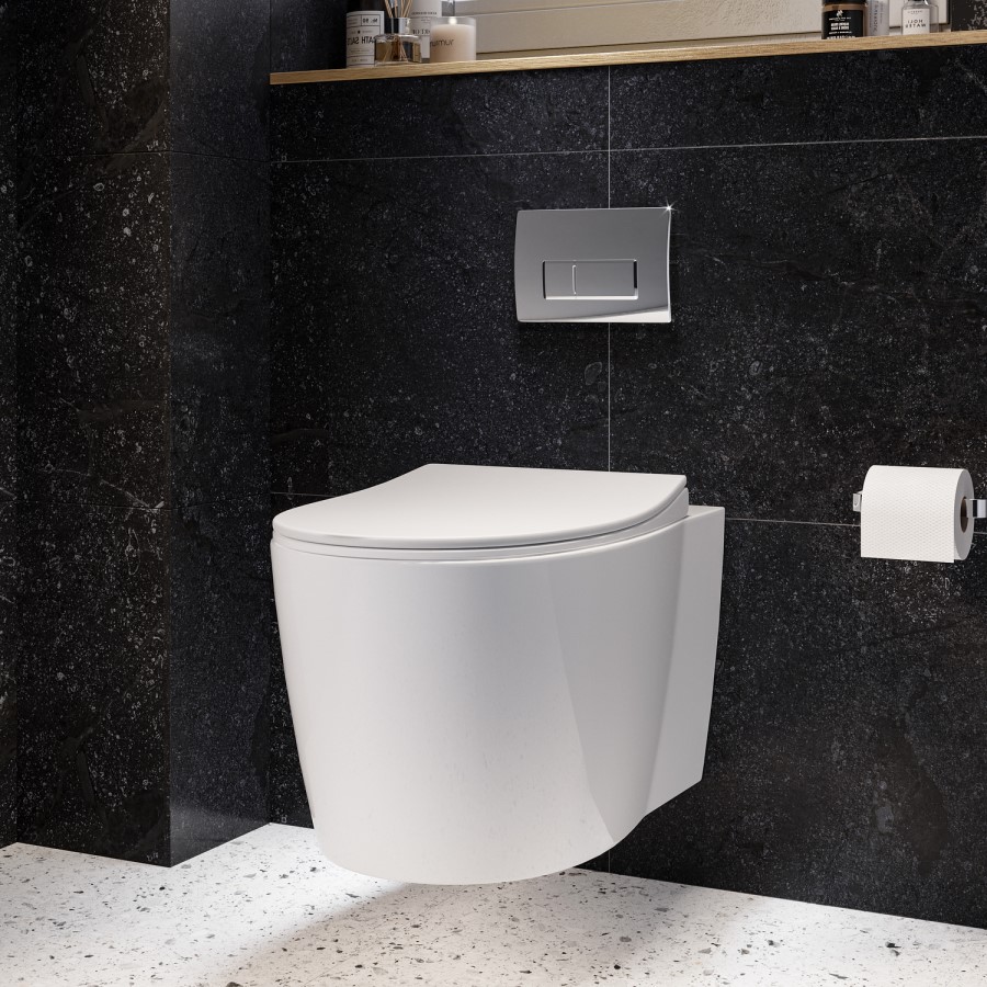 Wall Hung Rimless Toilet with Soft Close Seat, Chrome Pneumatic Flush Plate, 820mm Frame & Cistern – Alcor