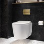 Wall Hung Rimless Toilet with Soft Close Seat, Brushed Brass Pneumatic Flush Plate, 820mm Frame & Cistern – Alcor