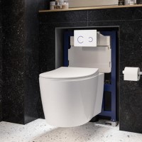 Wall Hung Rimless Toilet with Soft Close Seat, White Glass Sensor Flush Plate, 820mm Frame & Cistern – Alcor