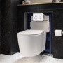 Wall Hung Rimless Toilet with Soft Close Seat, White Glass Sensor Flush Plate, 820mm Frame & Cistern – Alcor