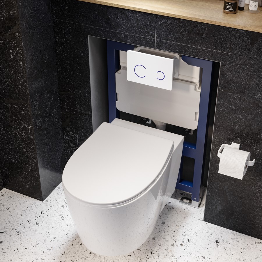 Wall Hung Rimless Toilet with Soft Close Seat, White Glass Sensor Flush Plate, 820mm Frame & Cistern – Alcor