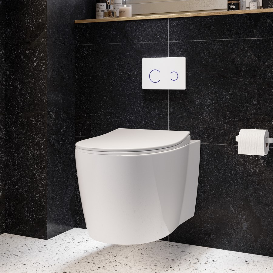 Wall Hung Rimless Toilet with Soft Close Seat, White Glass Sensor Flush Plate, 820mm Frame & Cistern – Alcor