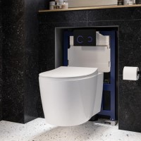 Wall Hung Rimless Toilet with Soft Close Seat, Black Glass Sensor Flush Plate, 820mm Frame & Cistern – Alcor