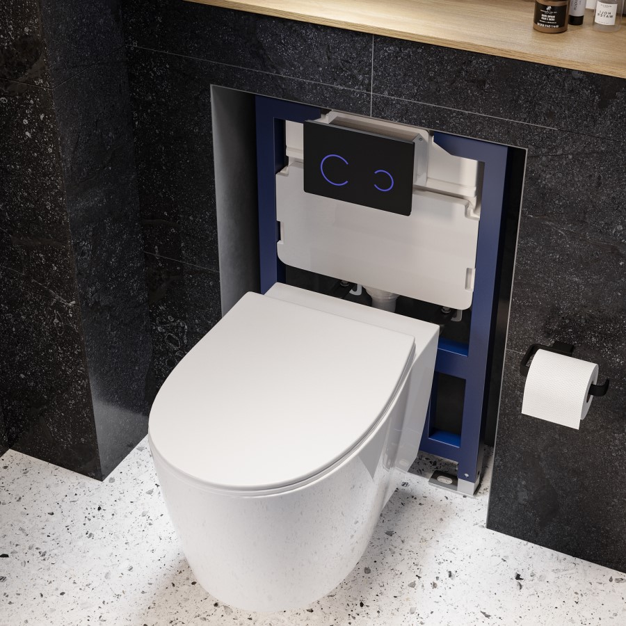 Wall Hung Rimless Toilet with Soft Close Seat, Black Glass Sensor Flush Plate, 820mm Frame & Cistern – Alcor