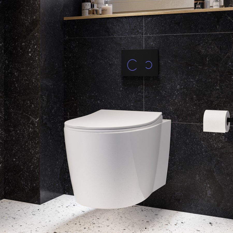 Wall Hung Rimless Toilet with Soft Close Seat, Black Glass Sensor Flush Plate, 820mm Frame & Cistern – Alcor