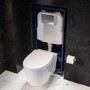 Wall Hung Rimless Toilet with Soft Close Seat, Chrome Pneumatic Flush Plate, 1168mm Frame & Cistern – Alcor