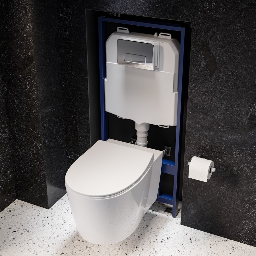 Wall Hung Rimless Toilet with Soft Close Seat, Chrome Pneumatic Flush Plate, 1168mm Frame & Cistern – Alcor