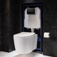 Wall Hung Rimless Toilet with Soft Close Seat, Matt Black Pneumatic Flush Plate, 1168mm Frame & Cistern – Alcor