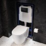 Wall Hung Rimless Toilet with Soft Close Seat, Matt Black Pneumatic Flush Plate, 1168mm Frame & Cistern – Alcor