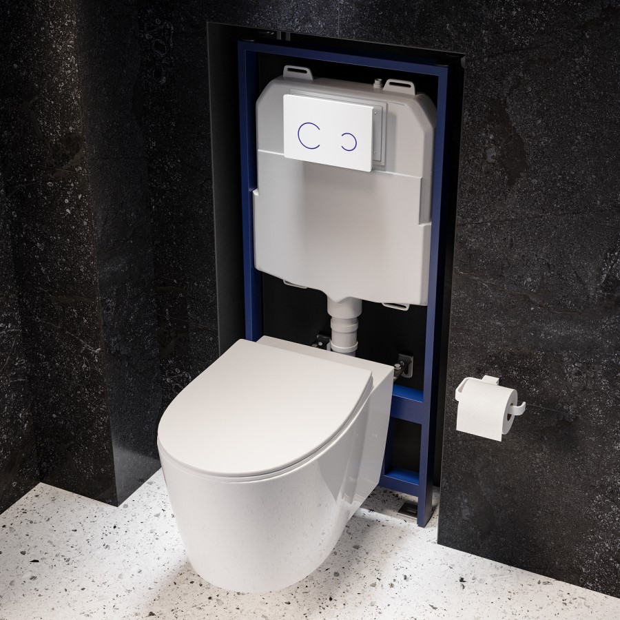 Wall Hung Rimless Toilet with Soft Close Seat, White Glass Sensor Flush Plate, 1168mm Frame & Cistern – Alcor