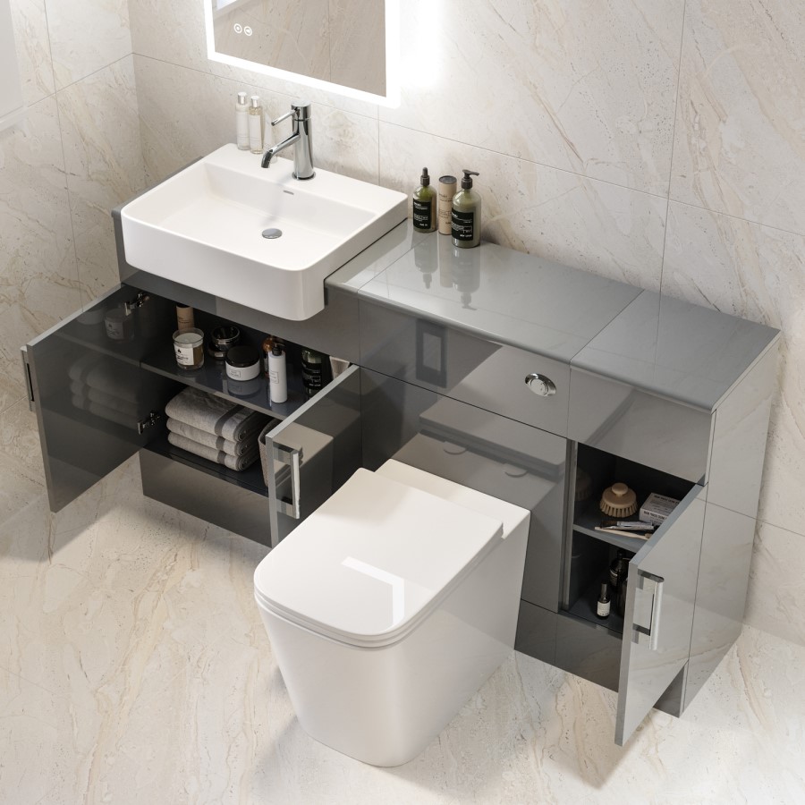 1500mm Grey Toilet and Sink Unit with Storage Unit and Square Toilet - Harper