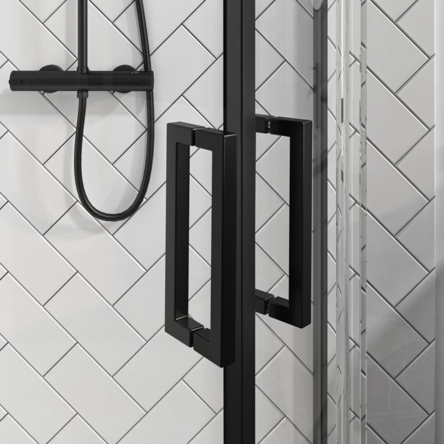 900x760mm Black 8mm Glass Left Hand Offset Quadrant Shower Enclosure with Shower Tray - Pavo