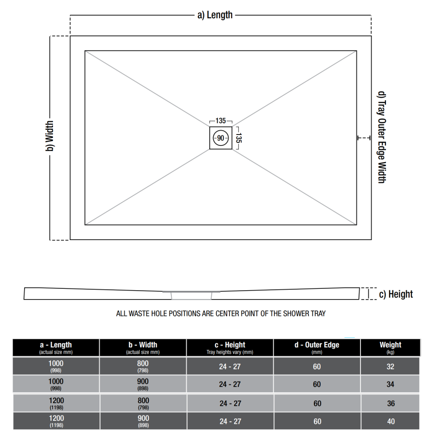 1000x800mm Rectangular 25mm Slimline White Stone Resin Shower Tray – Harmony