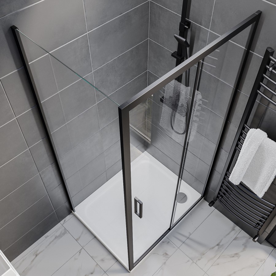 ONLY OPENED - 1000x900mm Black 8mm Glass Rectangular Sliding Shower Enclosure - Pavo