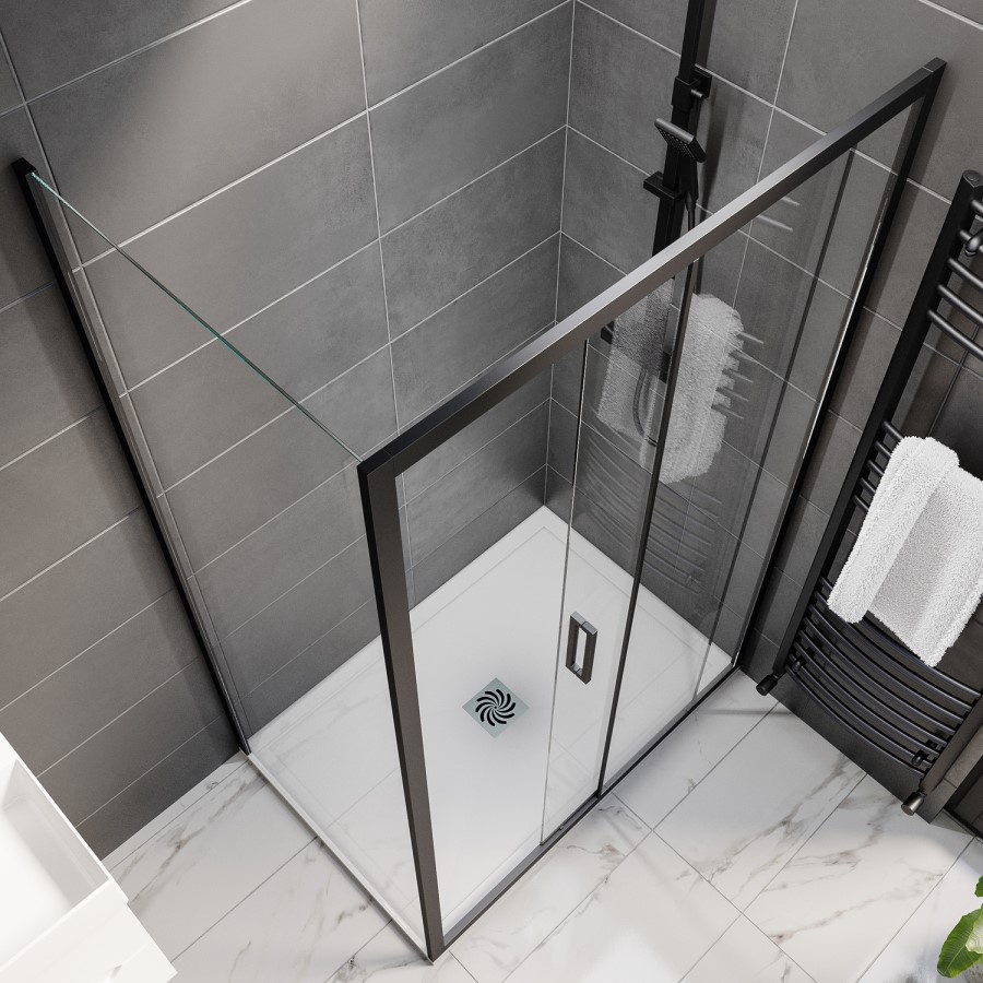 1000x800mm Black 8mm Glass Rectangular Sliding Shower Enclosure with Low Profile Shower Tray - Pavo